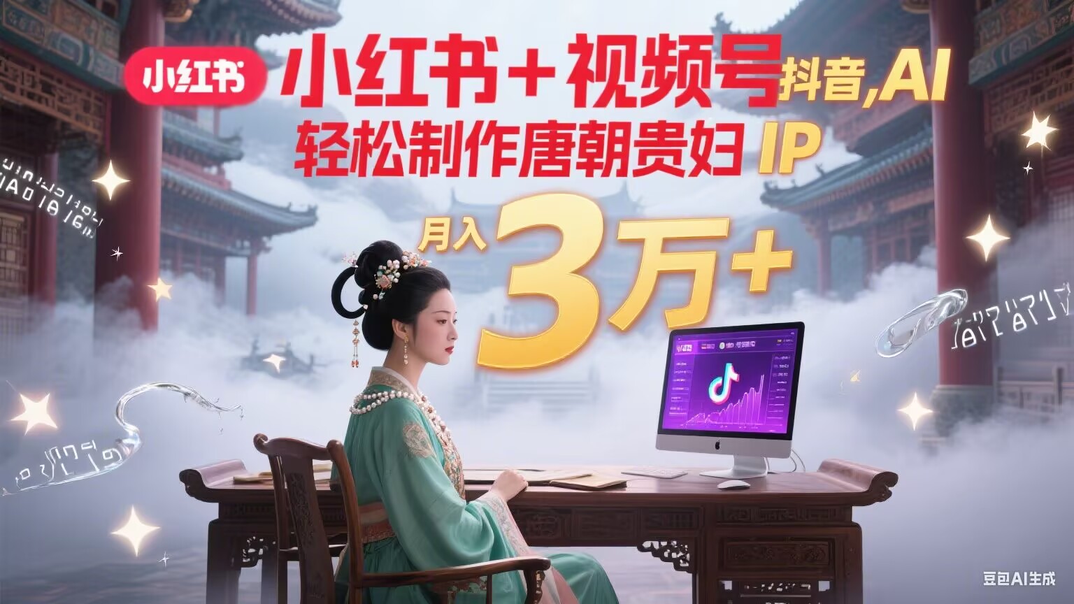 小红书+视频号+抖音,AI轻松制作唐朝贵妇IP,毒鸡汤、励志、减肥瘦身、养生赛道轻松切入,每天30分钟,轻松产出N条,月入3万+-十九云栈十九云栈