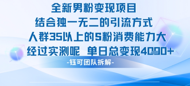 全新男粉变现项目引流人群35以上的男粉消费能力大 经过实测单日变现1k+-十九云栈十九云栈
